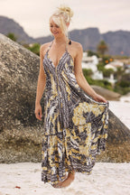 Solstice Halter Dress - Black Print Maxi