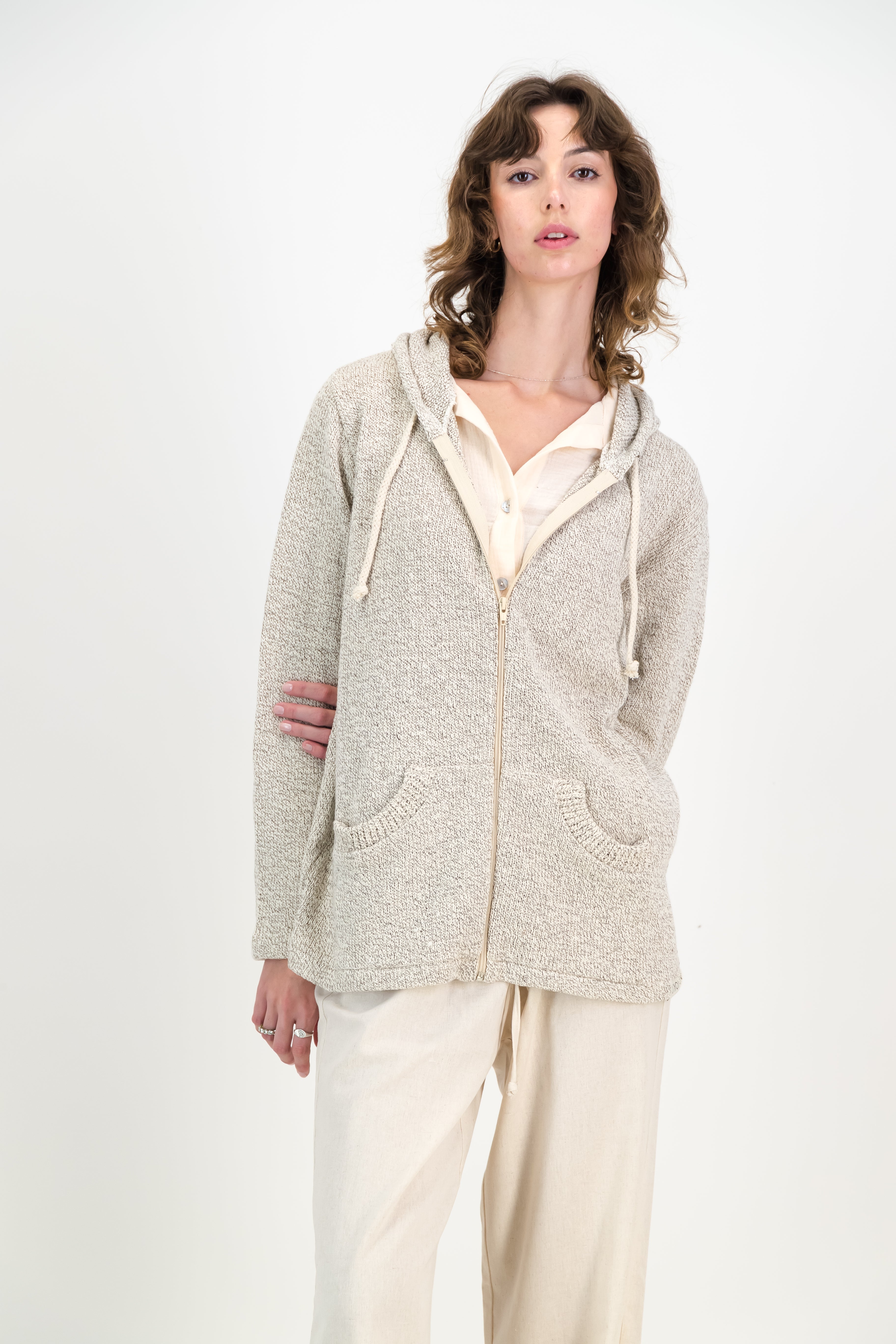 Ladies Knitted Pocket Hoodie - Natural