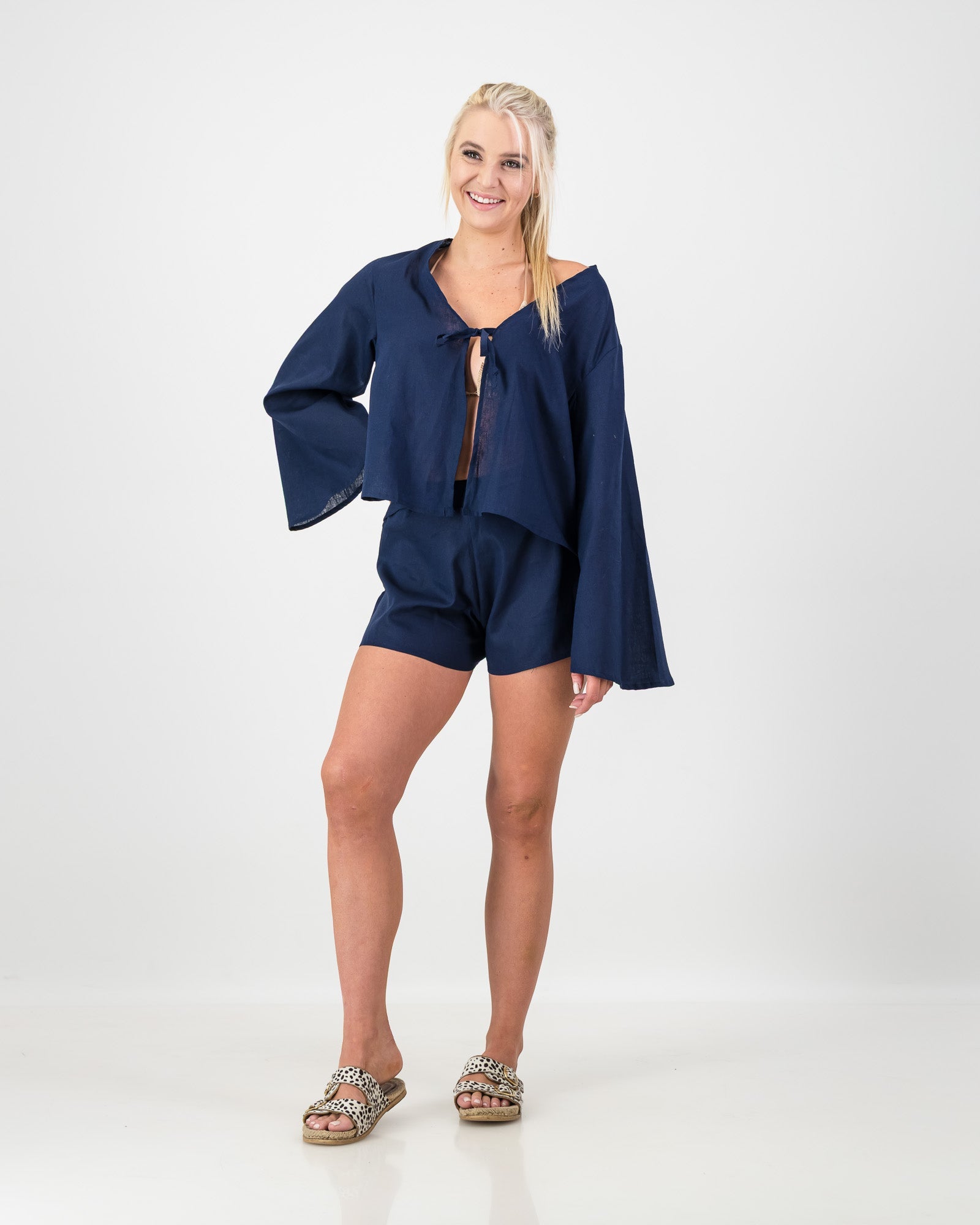 The Bell-Sleeve Linen Top – Midnight Blue