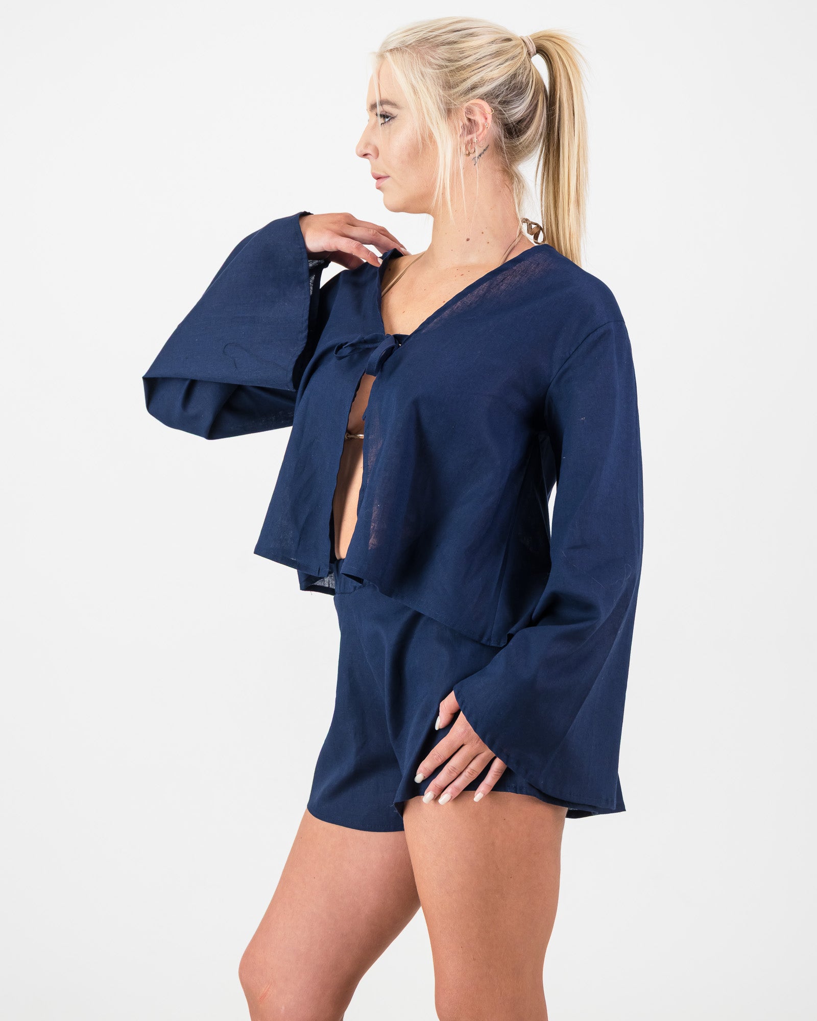 The Bell-Sleeve Linen Top – Midnight Blue
